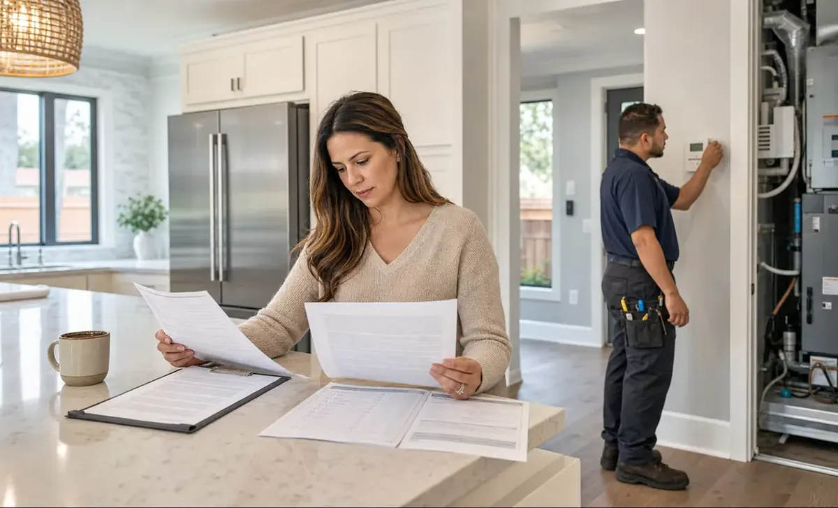 Homeowner comparing a residential service contract while an HVAC technician inspects equipment