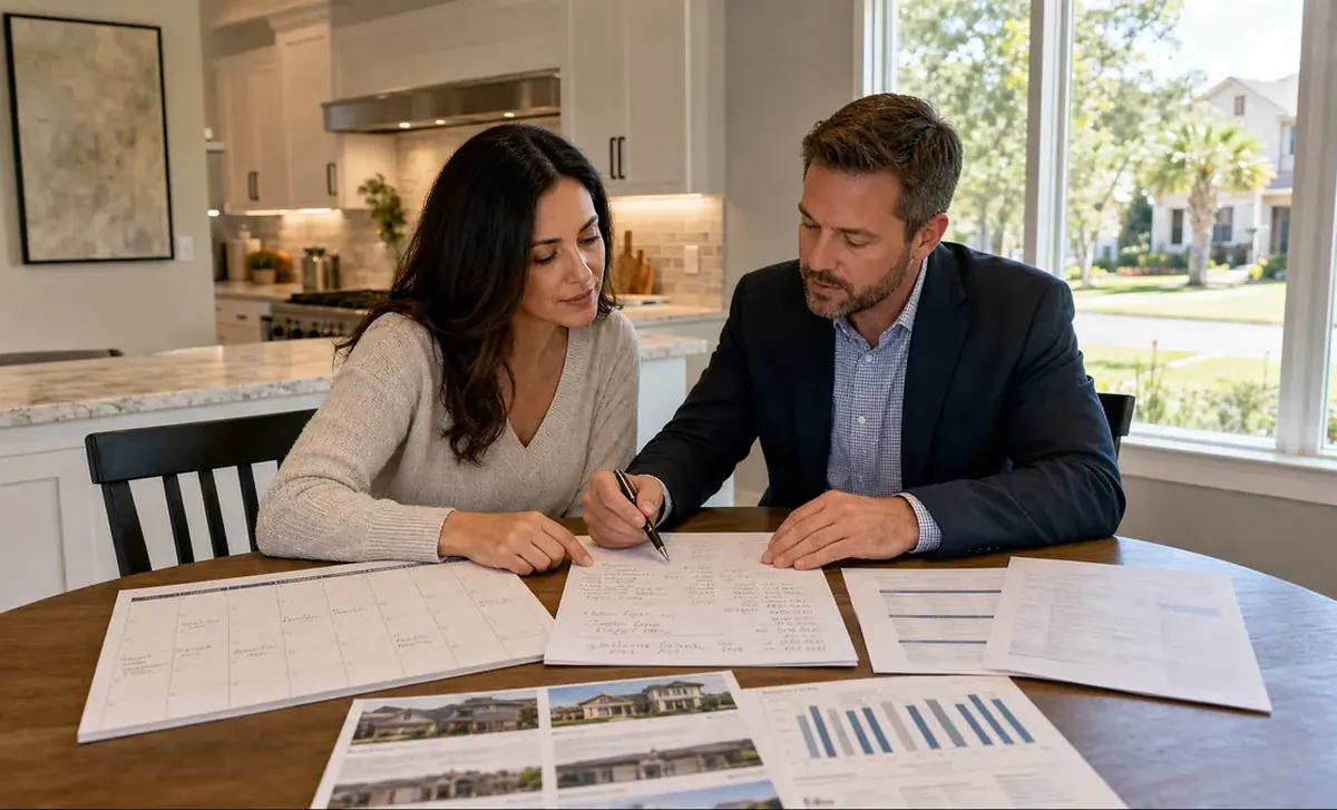 Homeowner comparing a sale calendar, market report, and net-proceeds worksheet