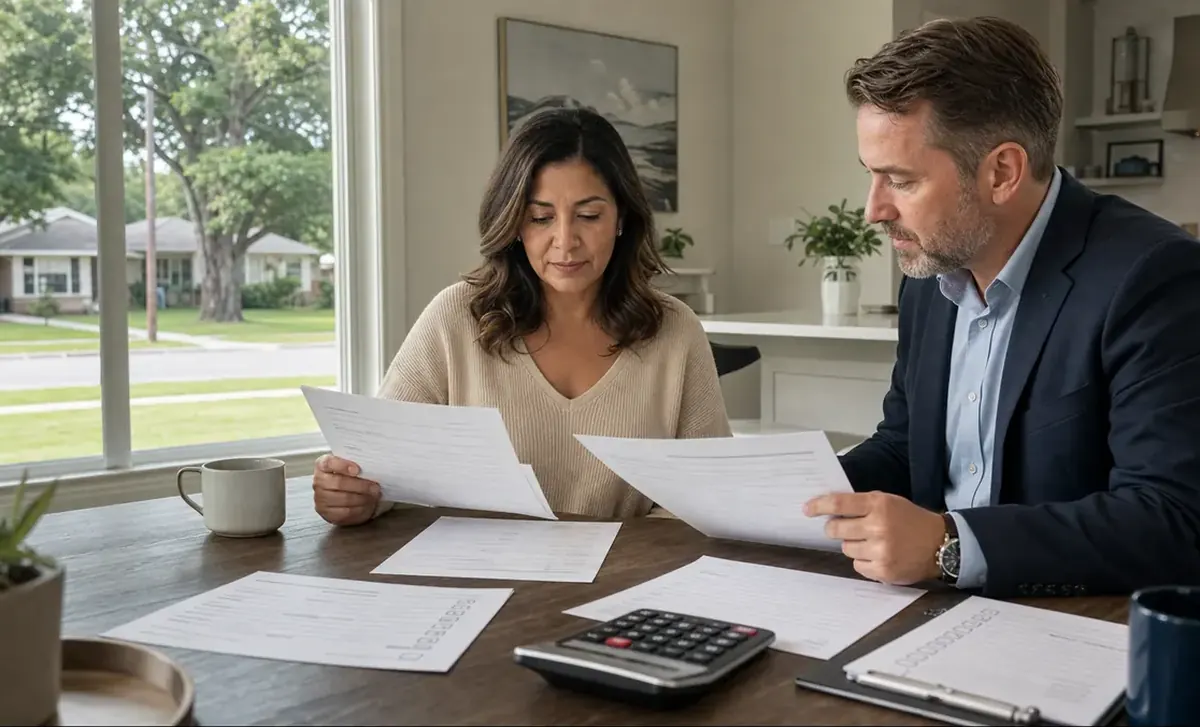 Homeowner comparing written home purchase offers with an advisor