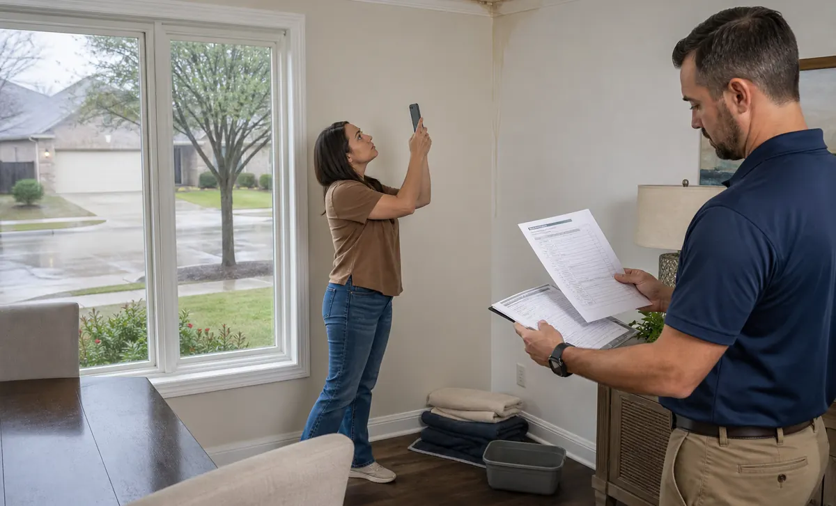 Homeowner documenting a ceiling water stain with a property professional