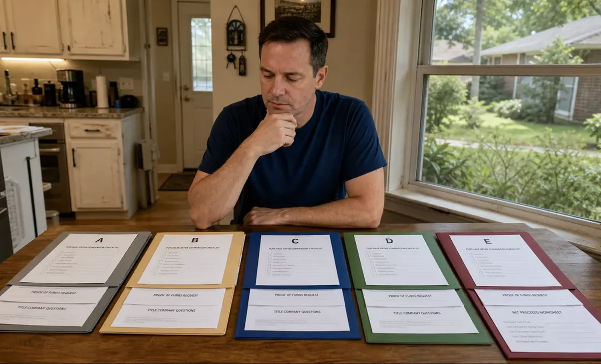 A Houston homeowner compares five home-buying companies using the same written checklist