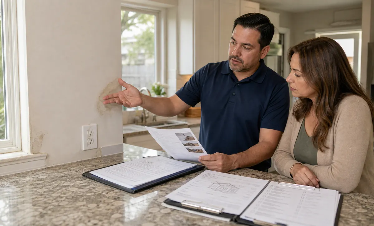 Homeowner and inspector reviewing a residential inspection report