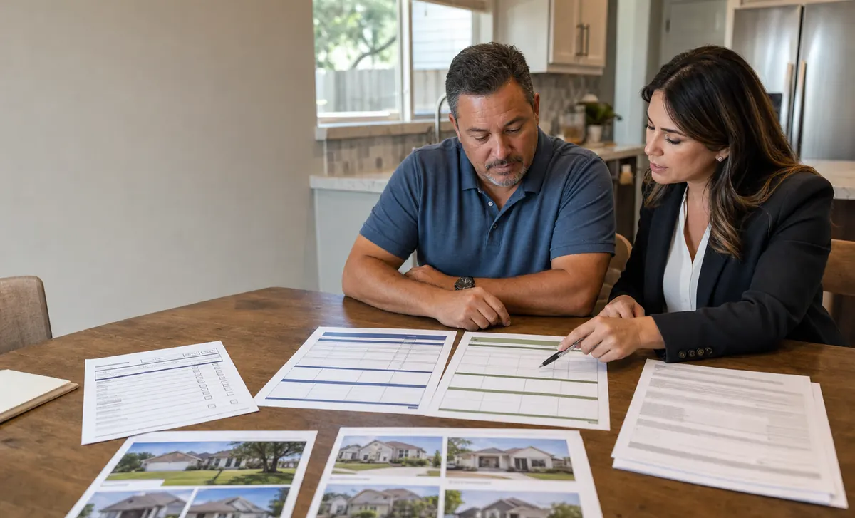 Homeowner and real-estate professional comparing written home-sale scenarios