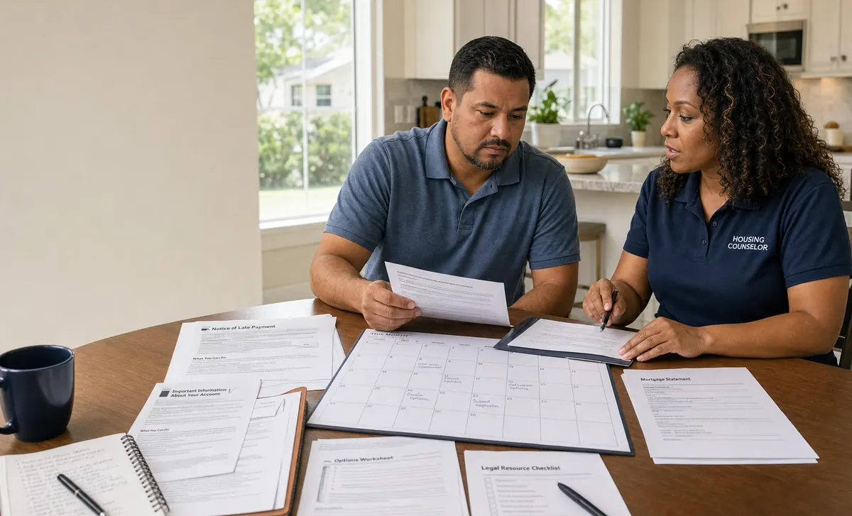 Homeowner and housing counselor reviewing a written foreclosure response timeline