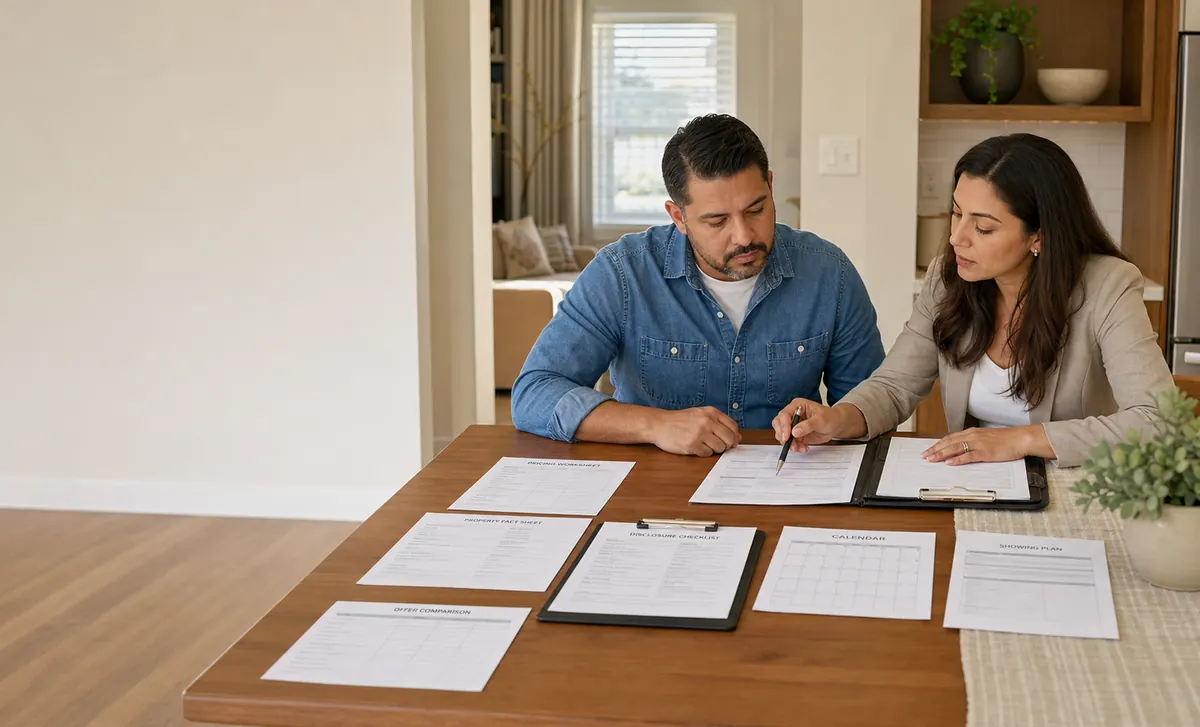 Fort Worth homeowner and real-estate professional reviewing a written FSBO sale plan