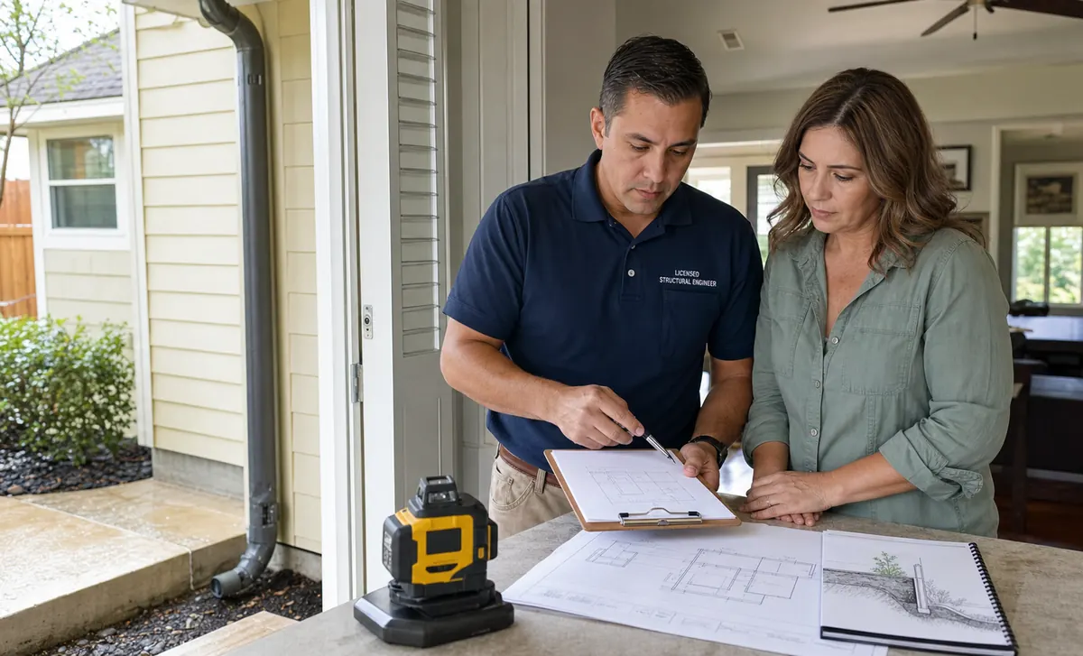 Homeowner and engineer reviewing a Houston foundation inspection plan