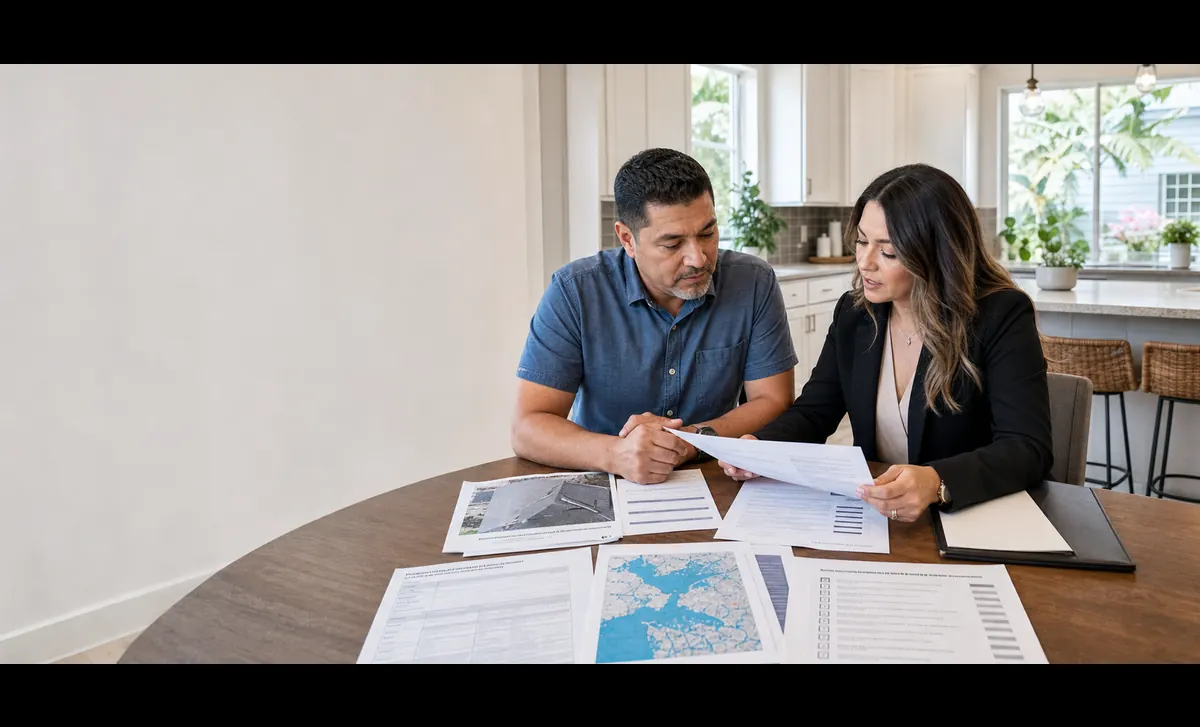 Houston homeowner and insurance advisor comparing written coverage terms