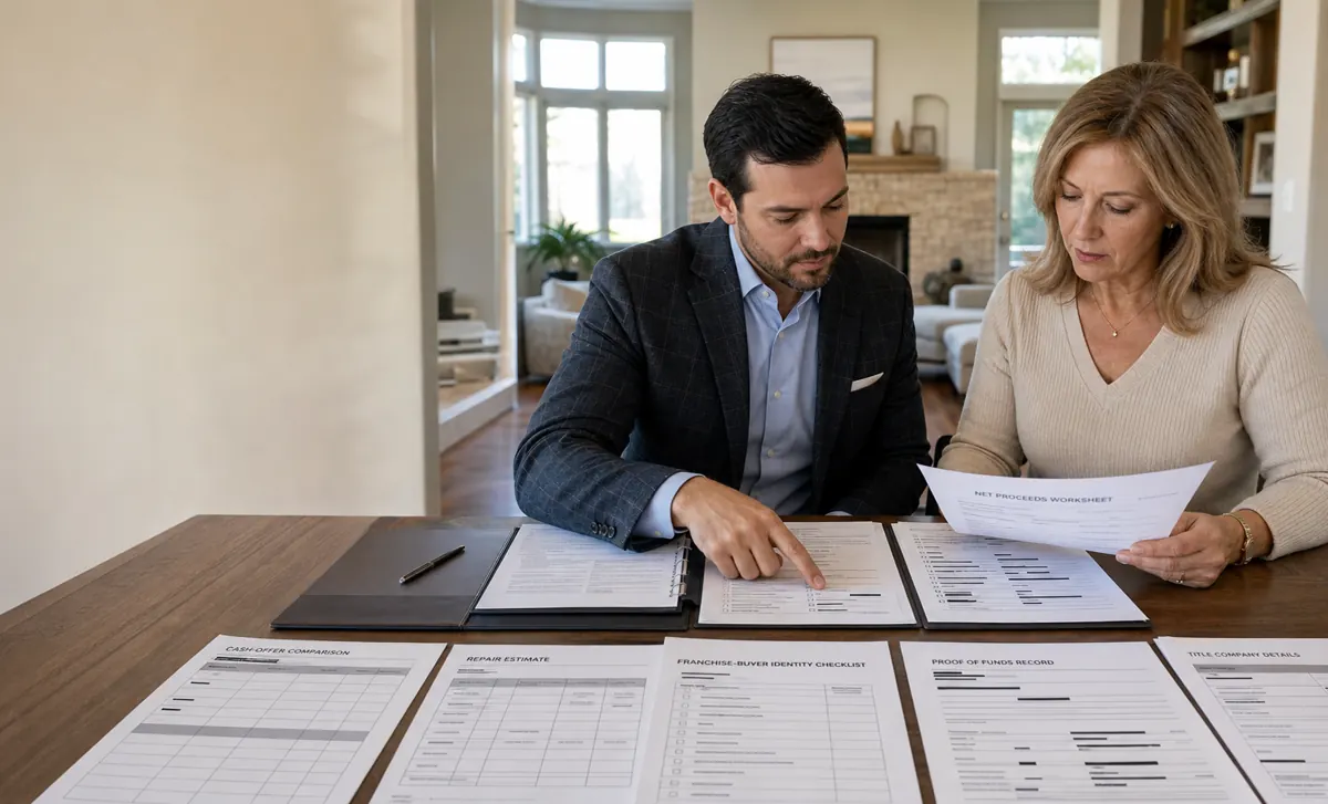 Homeowner and advisor comparing written home-sale offers and verification records