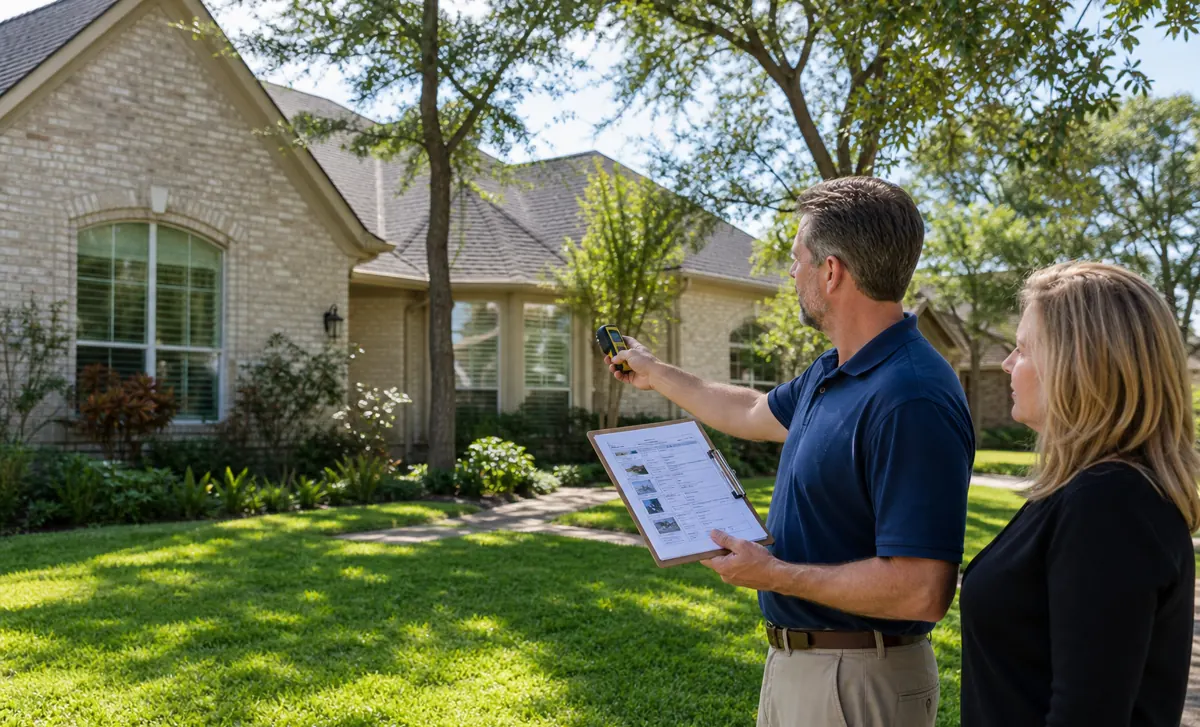 Residential appraiser and homeowner reviewing property notes outside a Houston-area house