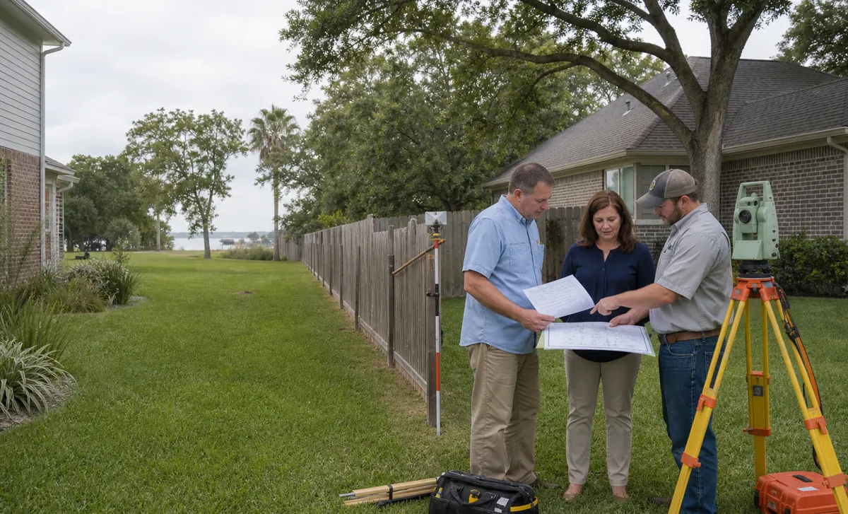 Homeowners and a surveyor reviewing boundary records beside a fence